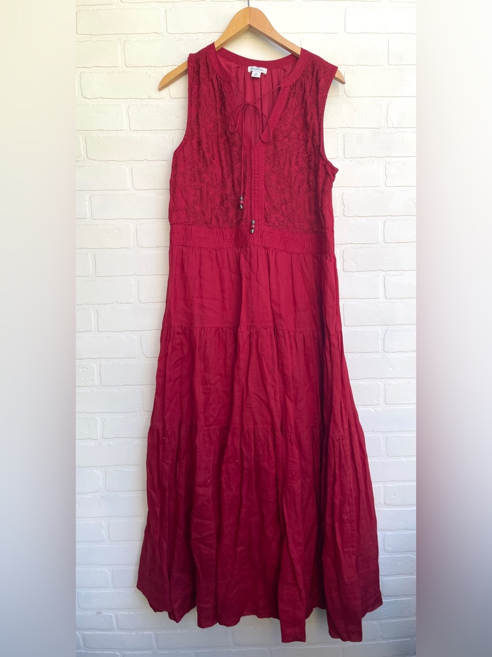Sundance Crimson Tiered Sleeveless Maxi Dress with Embroidered details